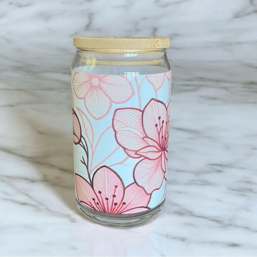 Floral Glass Can Tumbler with Straw NEW